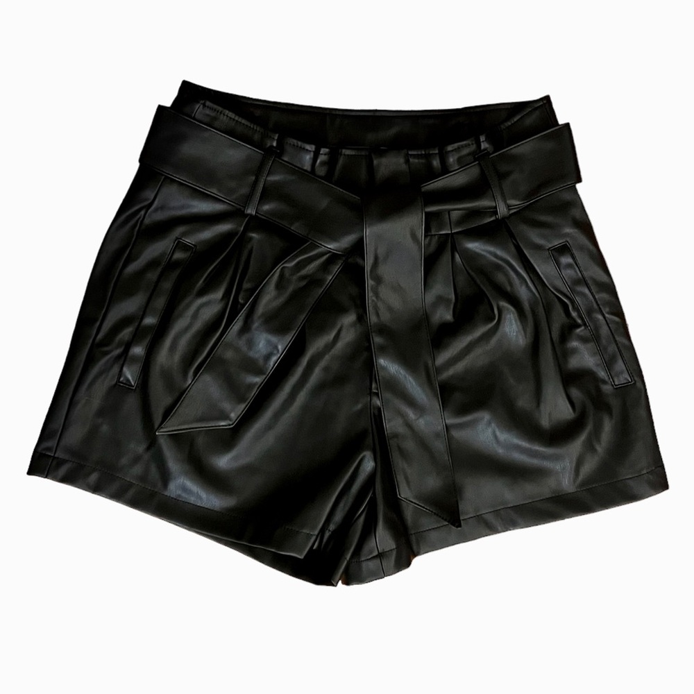 Primark Black Faux Leather Shorts Paper Bag High Waist with Tie Belt